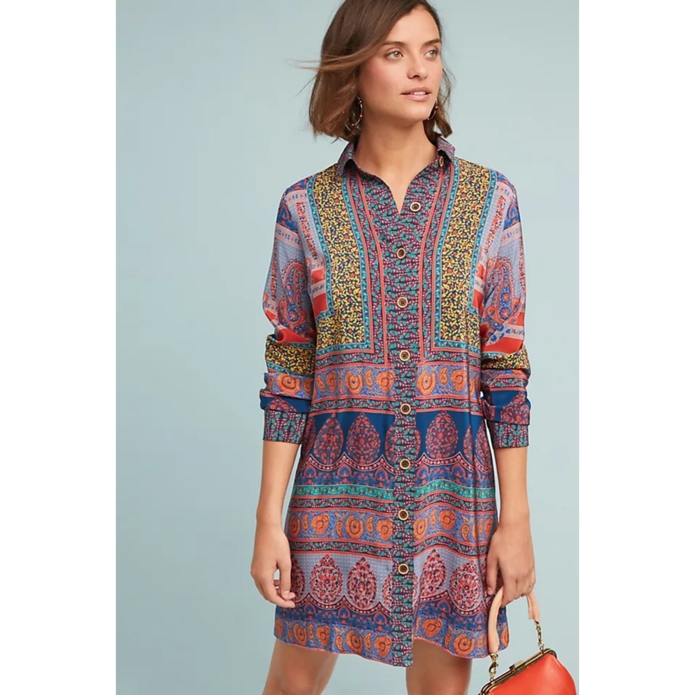 ANTHROPOLOGIE MAEVE Casablanca 100% Silk Shirtdress-0
